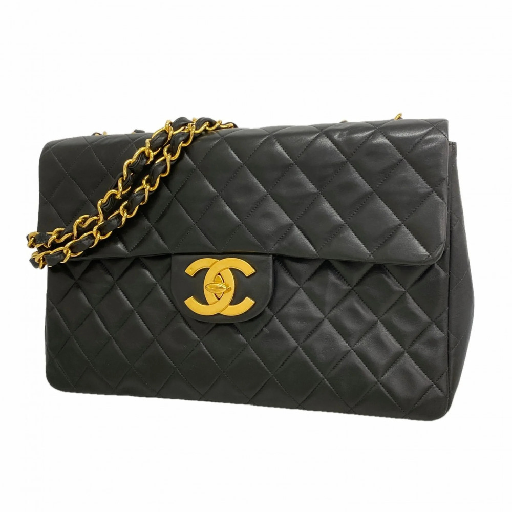 Chanel Shoulder Bag, Large Matelassé, Double Chain, Lambskin, Black, Women's